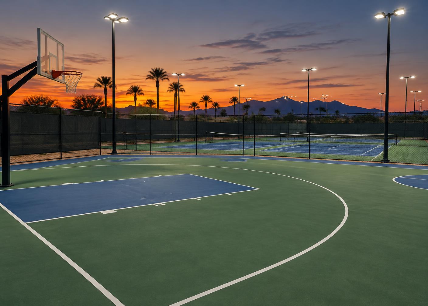 LED court lights glowing over green and blue basketball and tennis courts at dusk