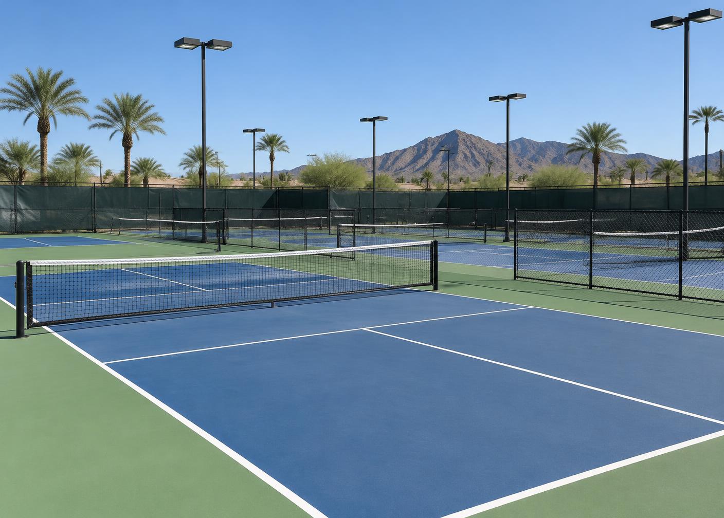 Row of blue pickleball courts with windscreens, palm trees and mountains in the desert