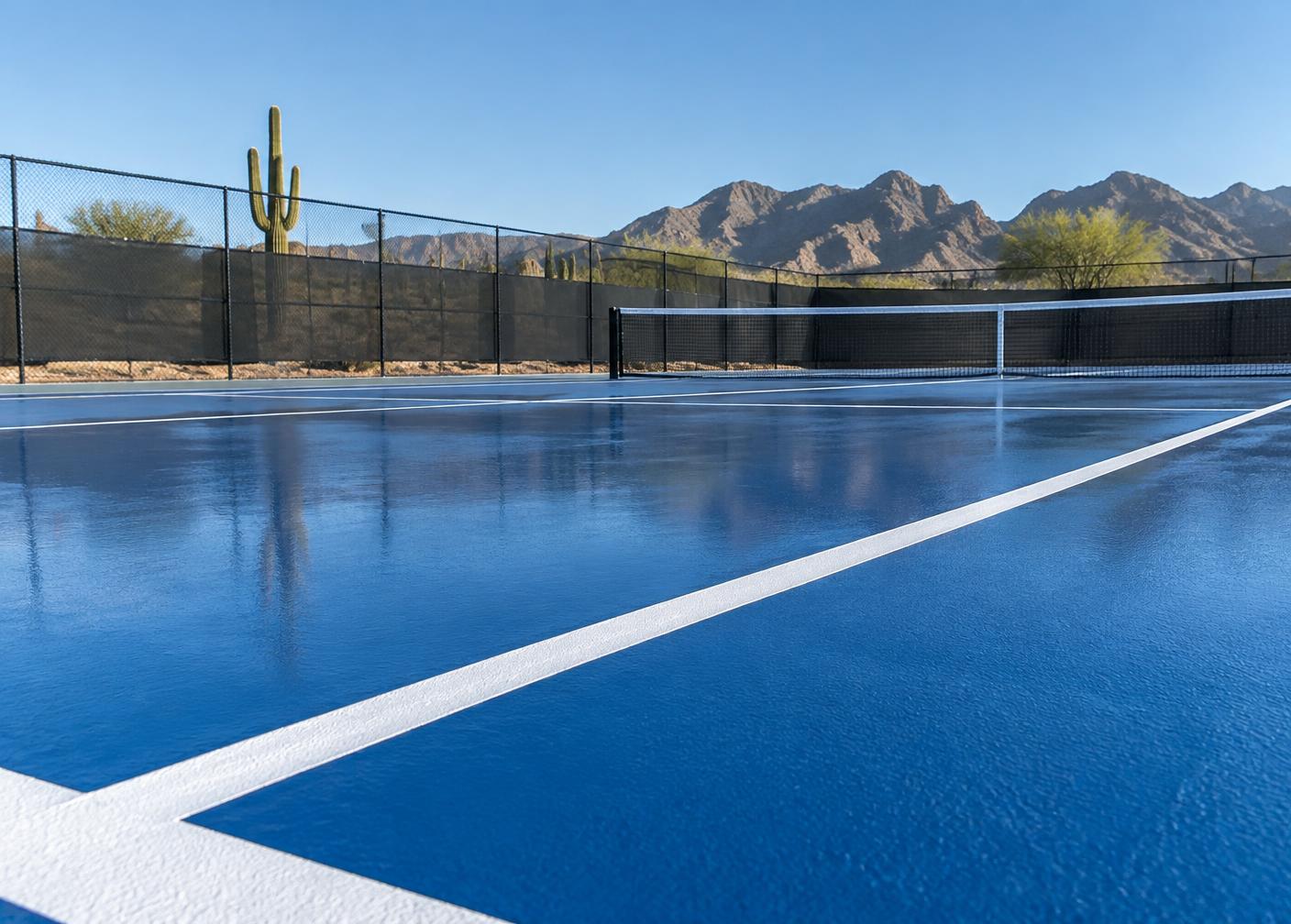 Freshly resurfaced blue acrylic tennis court with crisp white lines and a green windscreen fence