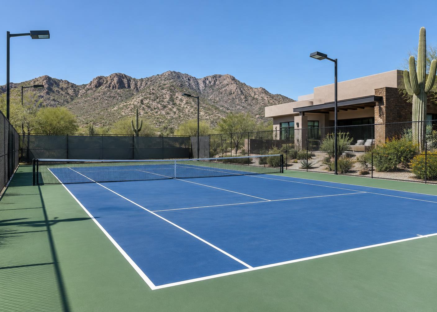 Blue and green backyard tennis court with LED light poles and a fence beside a desert home